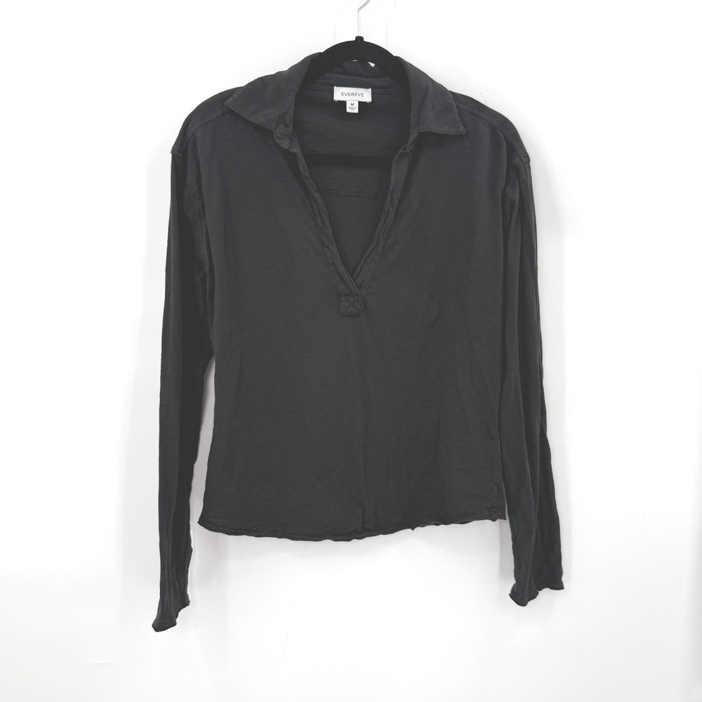 EVEREVE Split Neck Long Sleeve Top Women M Black Cotton Slub Casual Minimalist